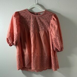 Eyelet Puff Sleeve Blouse in Coral